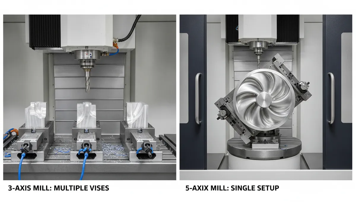 3-axis vs 5-axis CNC setup comparison showing reduced clamping operations