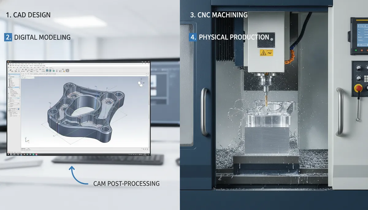CAD vs CAM: CAD 3D model on left, CNC machining process on right