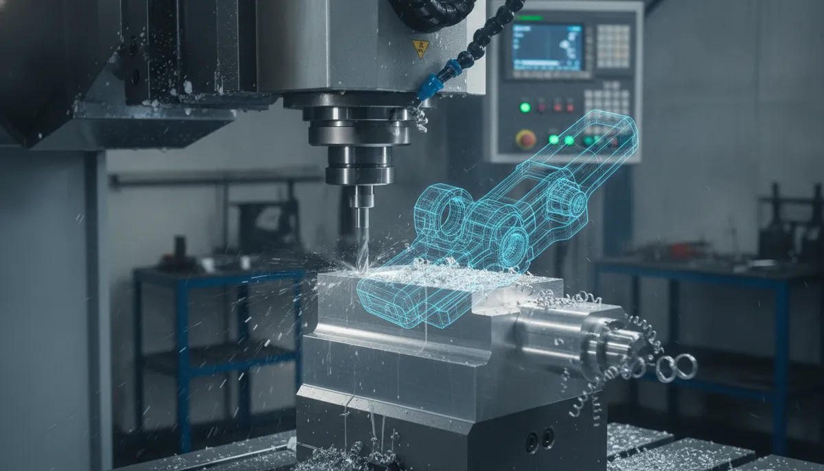 CNC machine cutting aluminum part with CAD software overlay