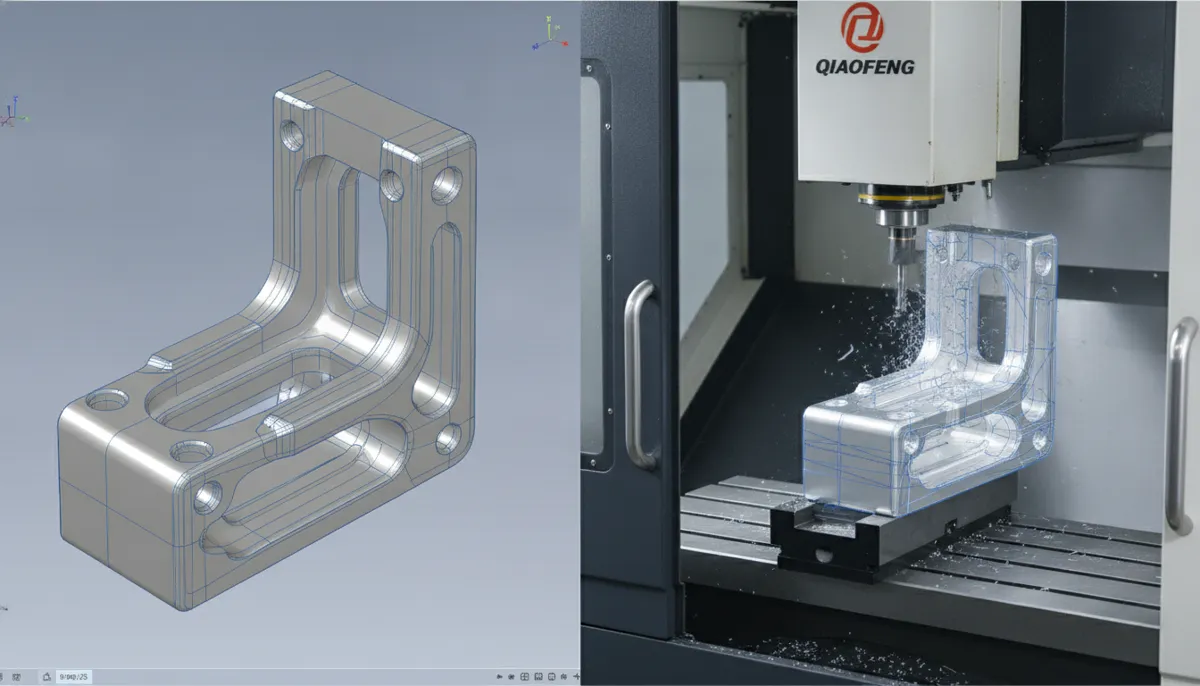 CAD model and machined bracket comparison with CAM toolpaths