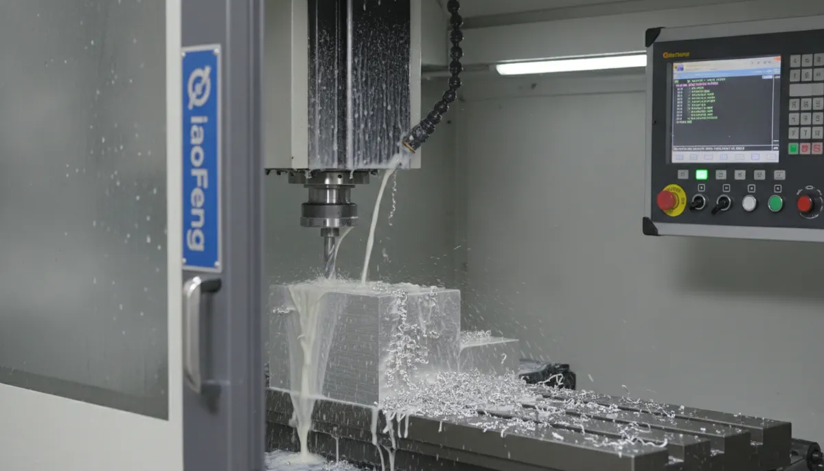 CNC machine in action with CAM programmed toolpath cutting aluminum