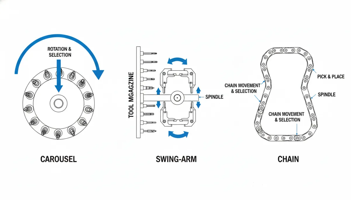 CNC ATC tool changer types comparison diagram carousel swing-arm chain