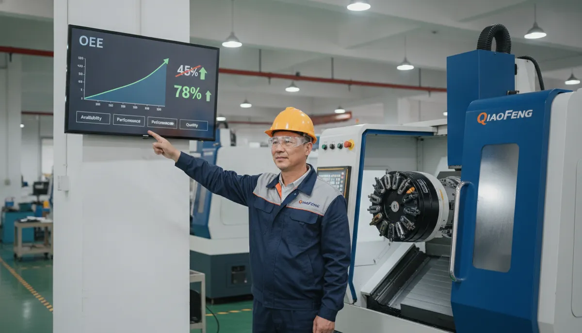 CNC automatic tool changer OEE improvement dashboard showing spindle utilization increase