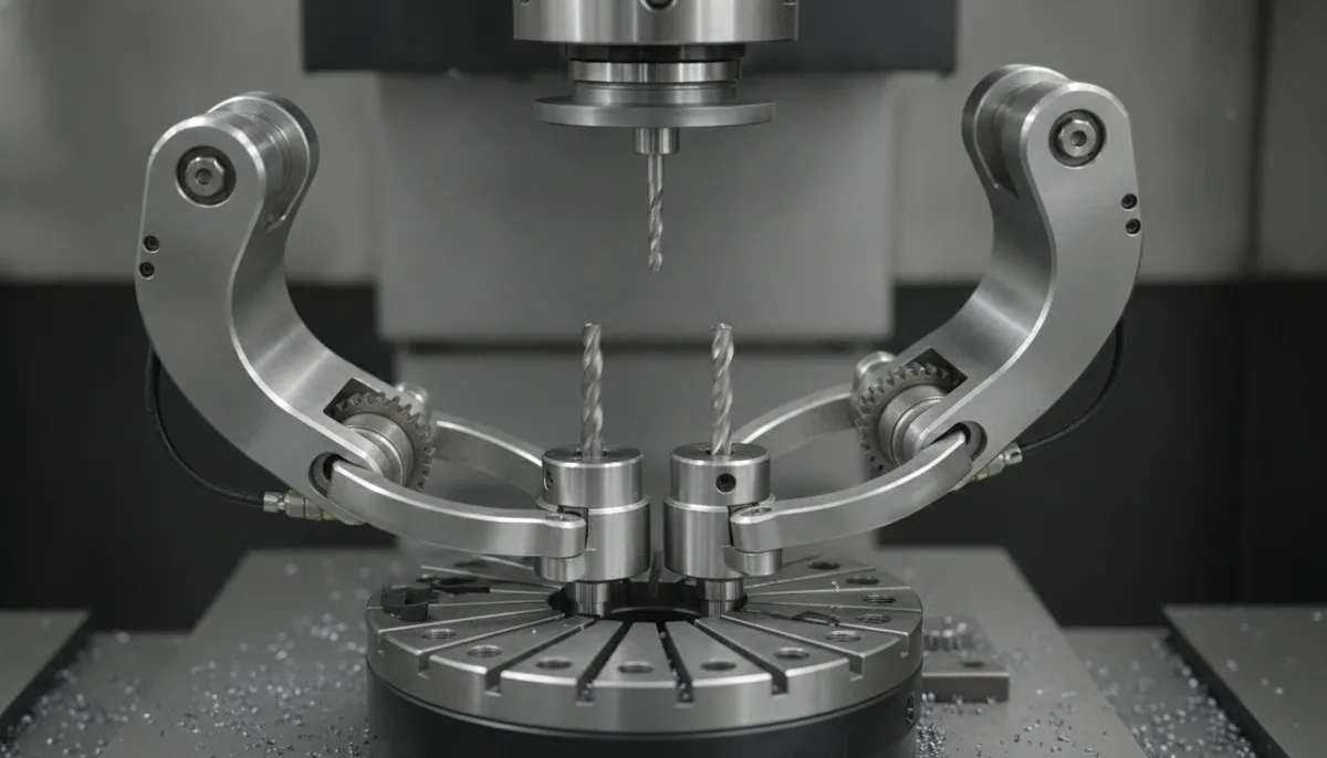 CNC automatic tool changer dual-arm mechanism detail showing tool swap sequence