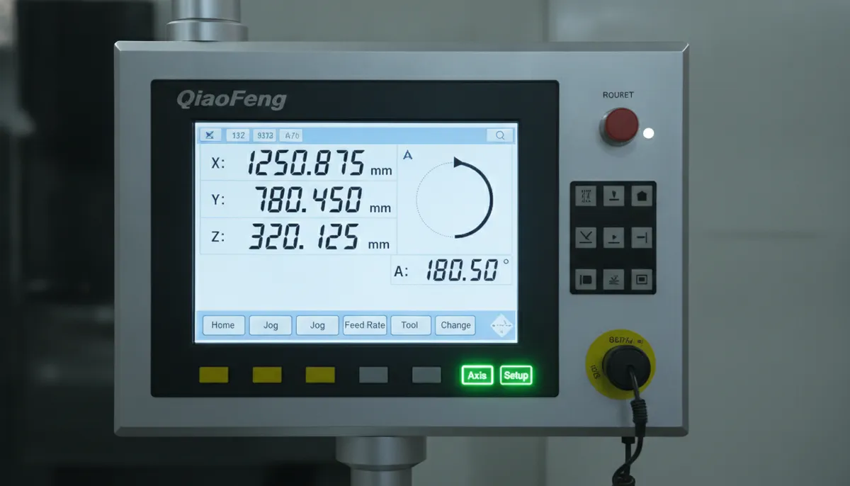 CNC control panel showing X Y Z coordinates and rotary axis position indicators for multi-axis machining