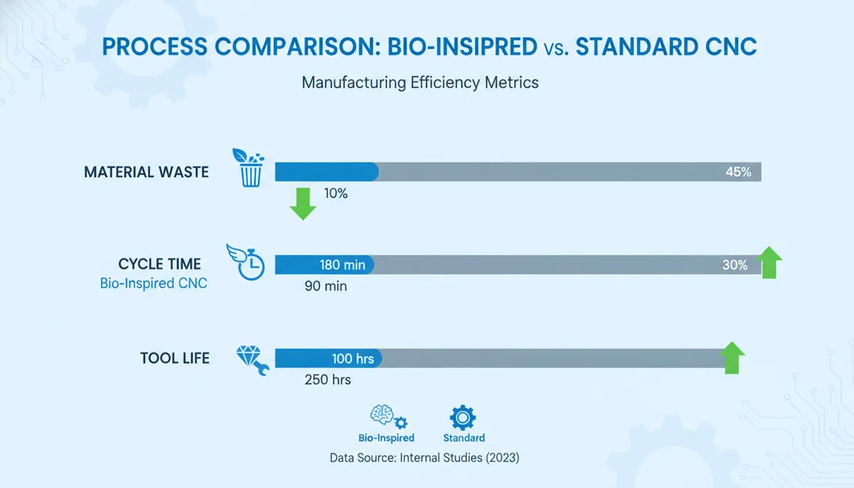 CNC bio-inspired manufacturing benefits infographic showing weight reduction and tool life gains