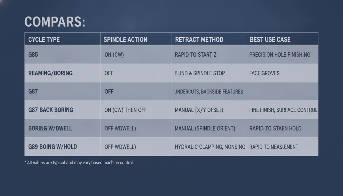 Comparison table of CNC boring cycles G85 to G89