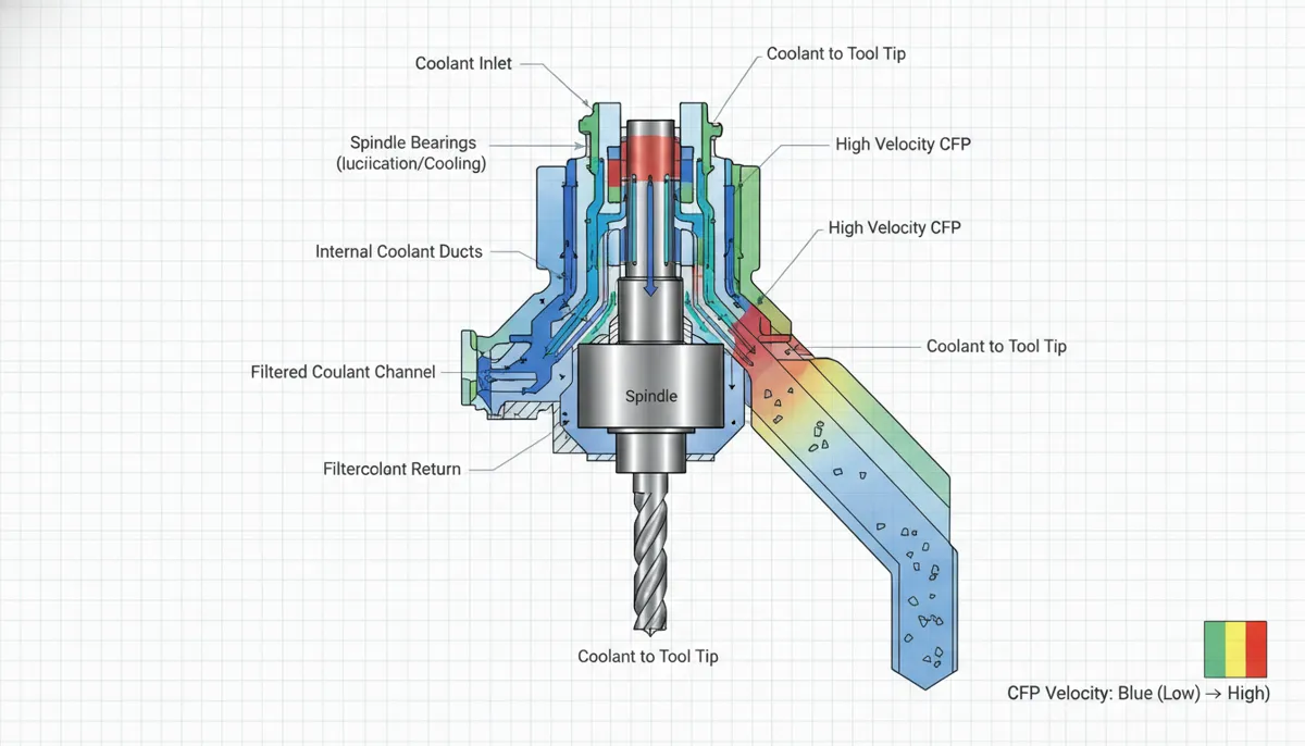 CNC CFD coolant cross-section showing optimized flow paths in CNC machine