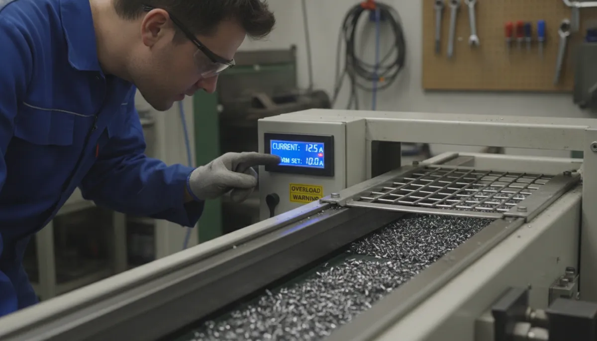 Heavy duty chip conveyor on a QiaoFeng CNC lathe preventing overloads