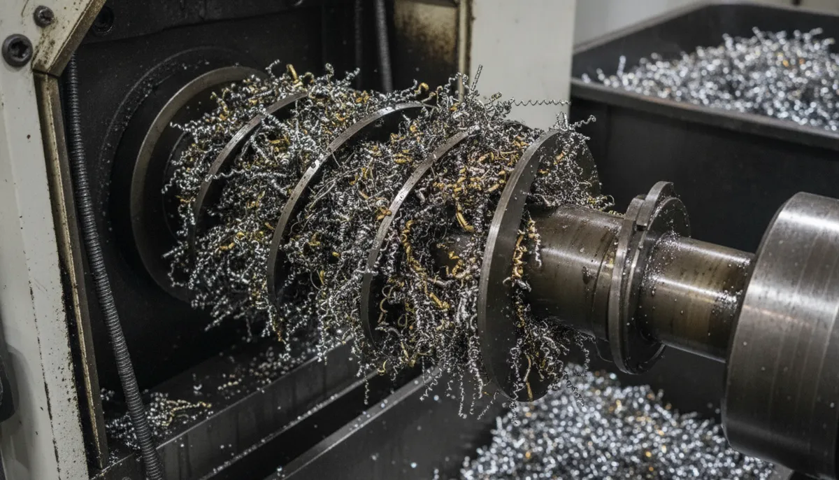 CNC chip conveyor alarm caused by auger jam with tangled metal chips