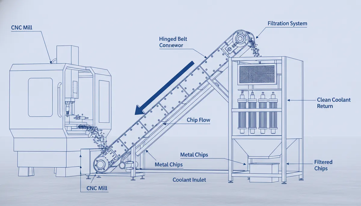 CNC chip conveyor system diagram showing hinged belt and coolant drain