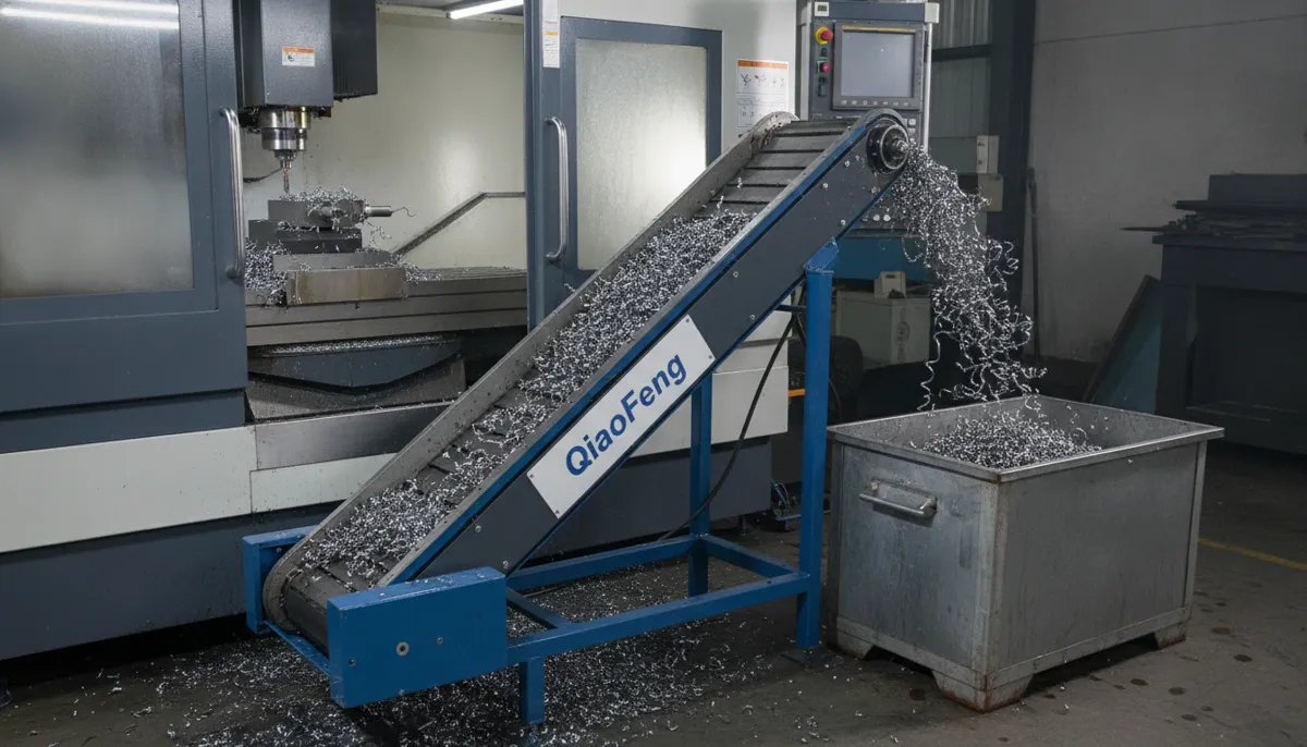 CNC chip conveyor installation on vertical machining center