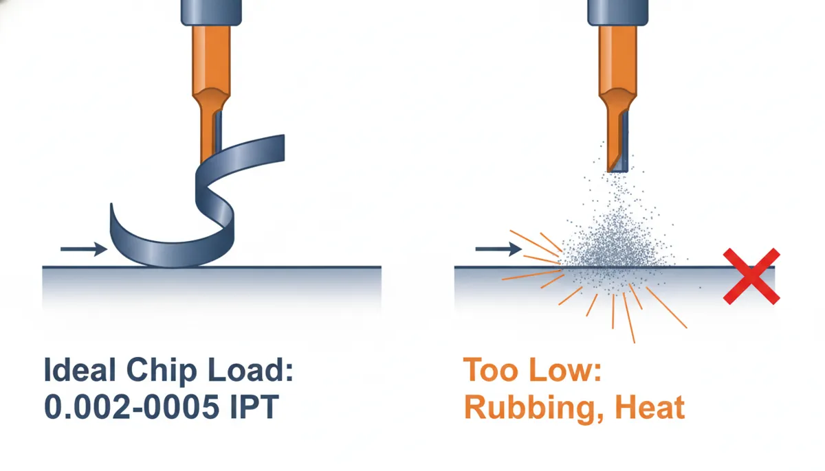 CNC chip load comparison diagram showing ideal chip formation vs poor chip formation