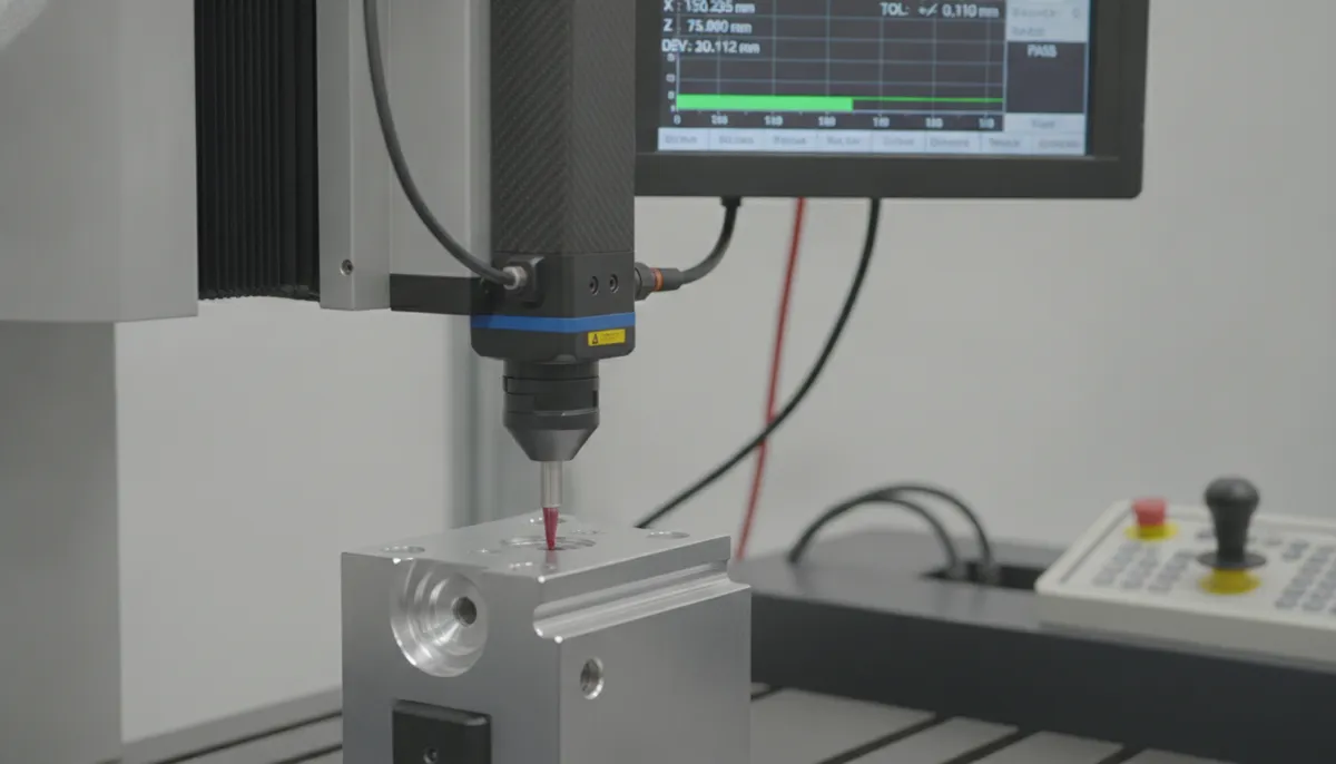 QiaoFeng CNC CMM bridge type probing a precision machined workpiece with touch-trigger probe