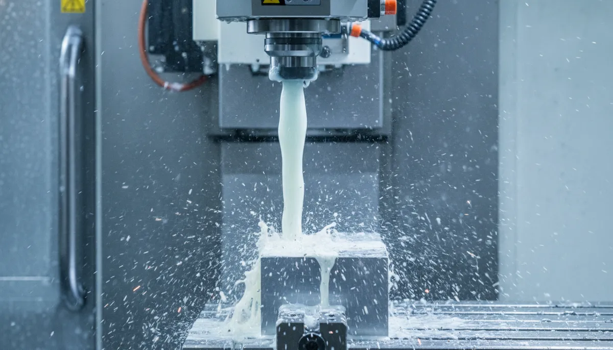 CNC coolant in action showing high-pressure coolant delivery and chip breaking on machining center