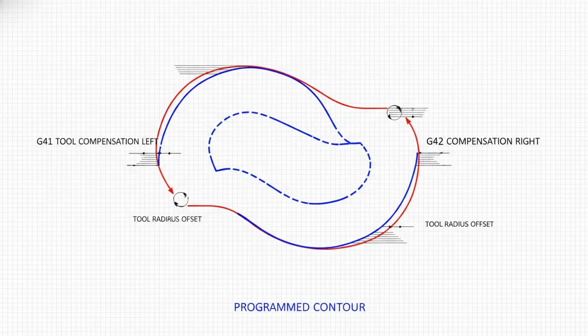 Diagram illustrating CNC cutter compensation G41 and G42 offset directions