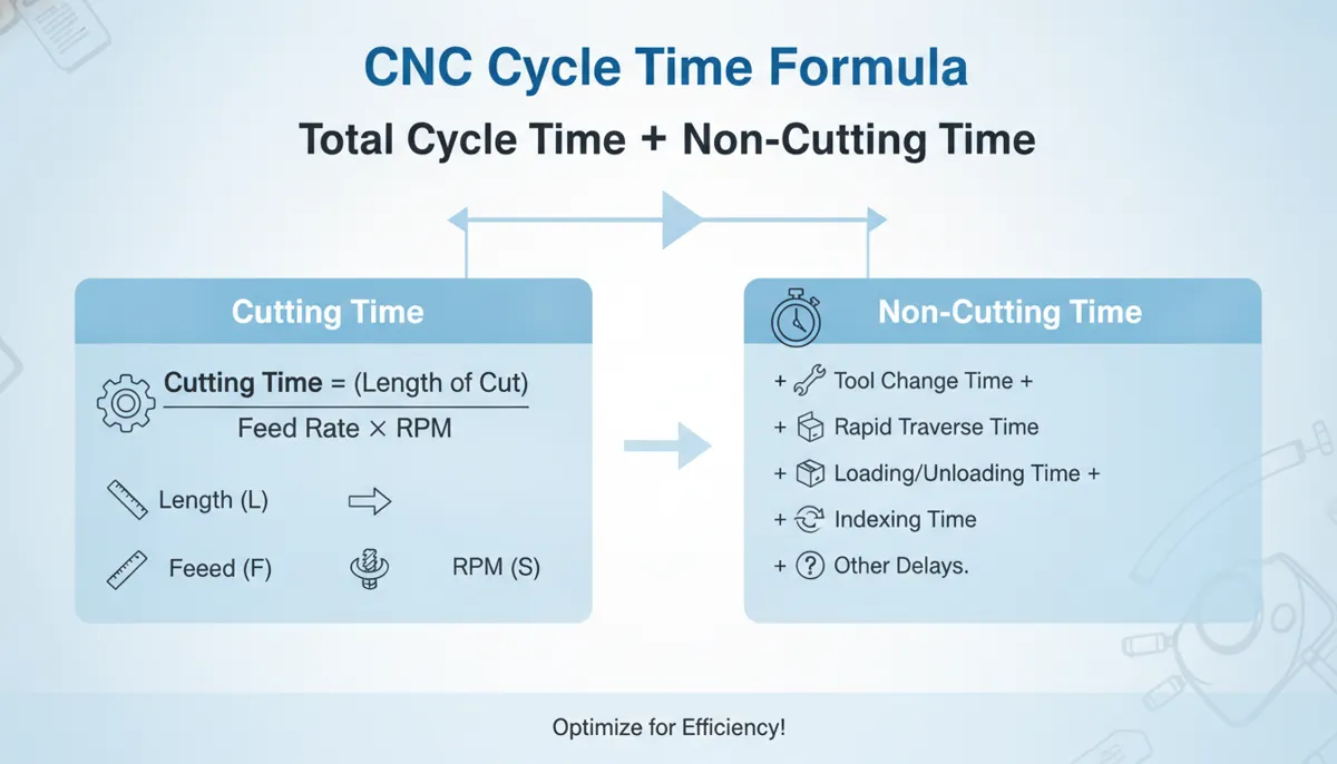 CNC cycle time calculation formula infographic showing cutting and non-cutting time