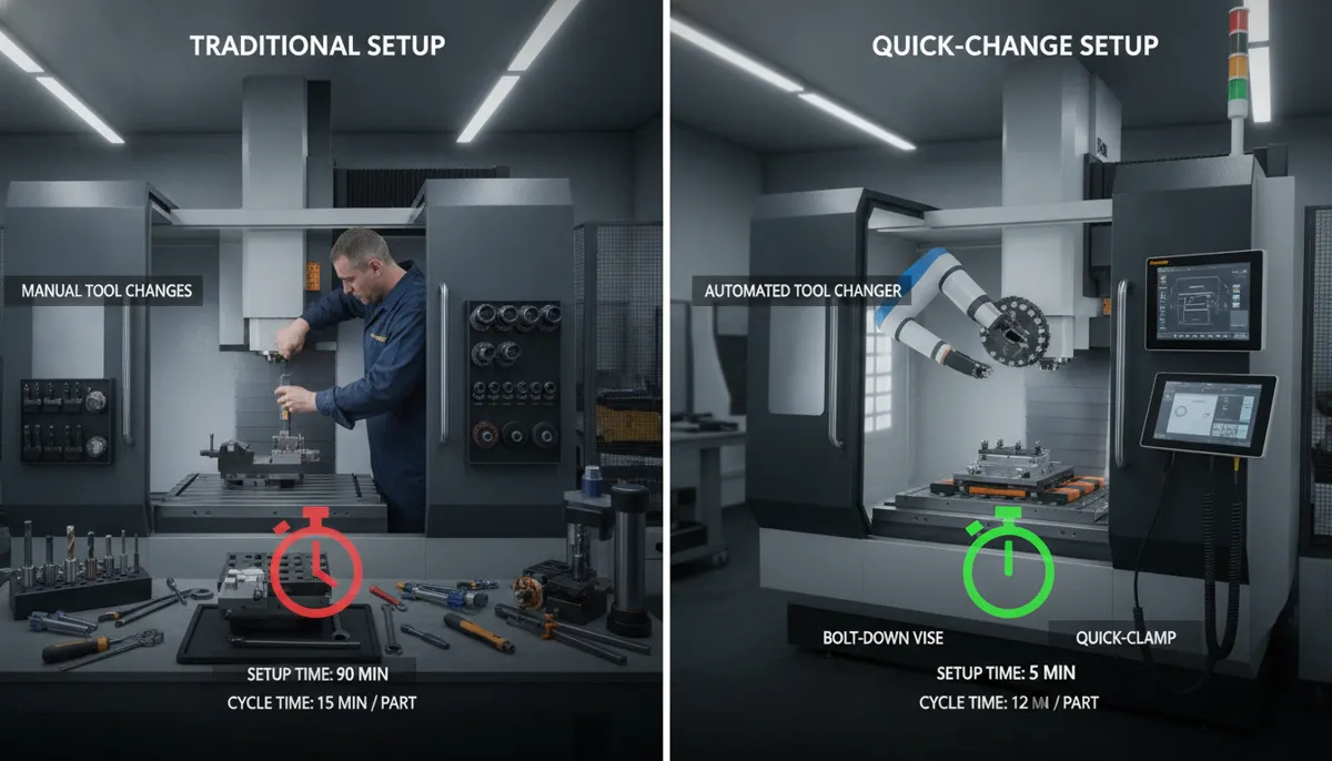 CNC cycle time reduction results dashboard comparing optimized vs traditional setup