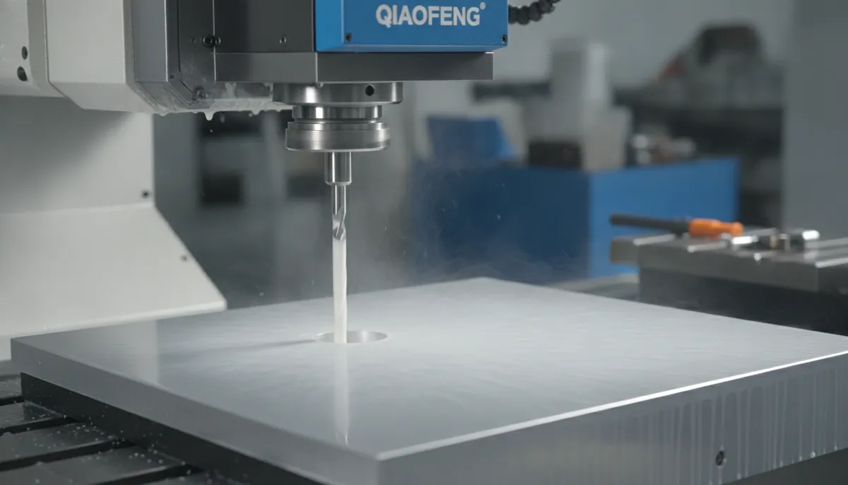 CNC drilling machine drilling aluminum workpiece at high spindle speed close-up