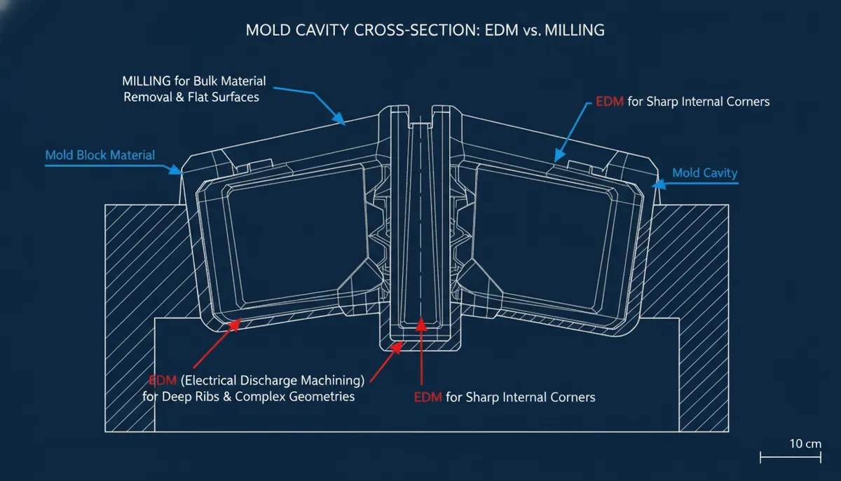 Cross-section diagram showing CNC EDM vs milling application zones in mold cavity