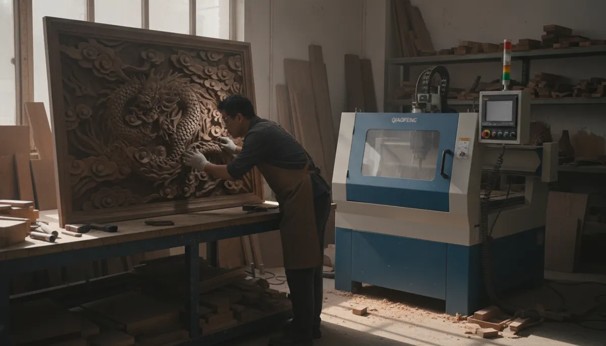 Craftsman inspecting CNC engraving machine output on wooden art panel in crafts workshop
