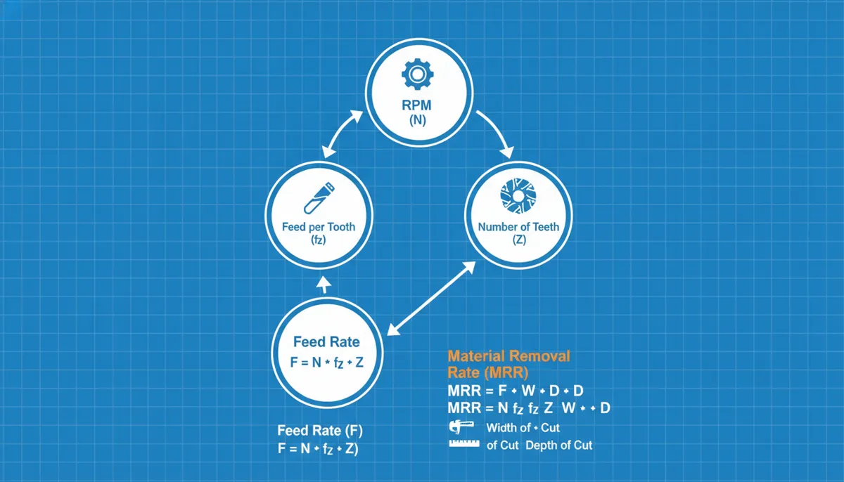 CNC feed rate formula infographic showing IPM RPM feed per tooth calculation