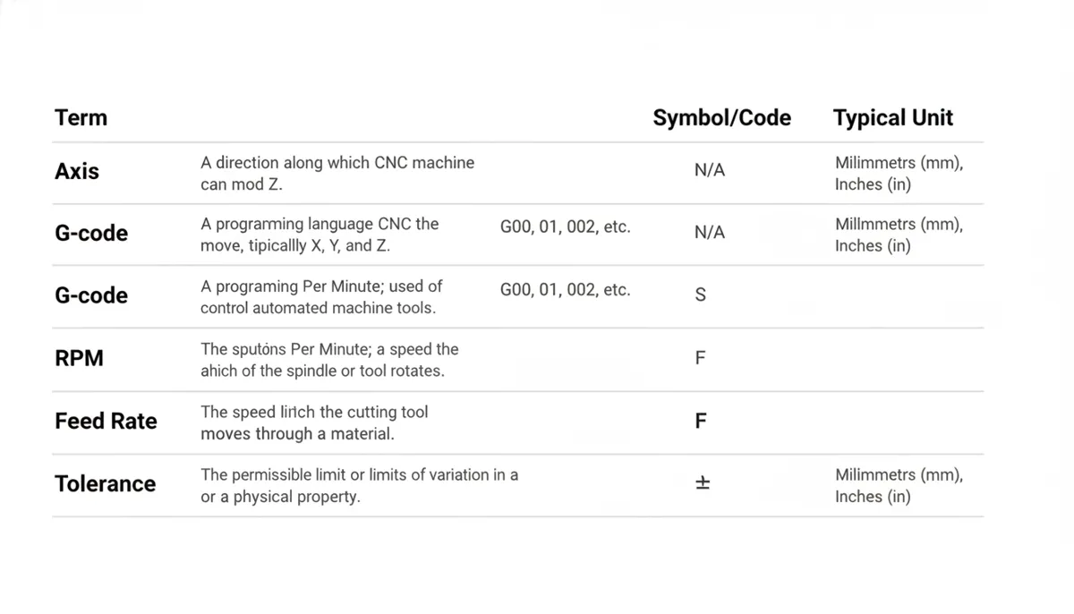 CNC glossary A-Z definitions table with symbols and units
