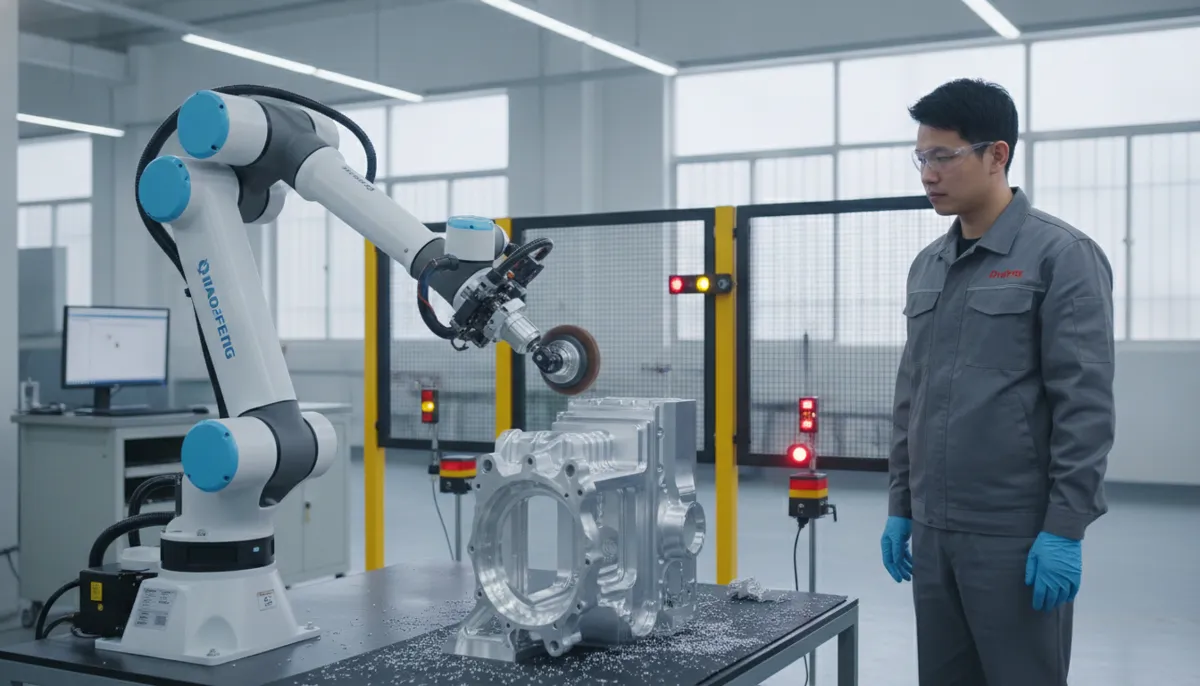 CNC human robot collaboration cobot deburring aluminum part at machining center