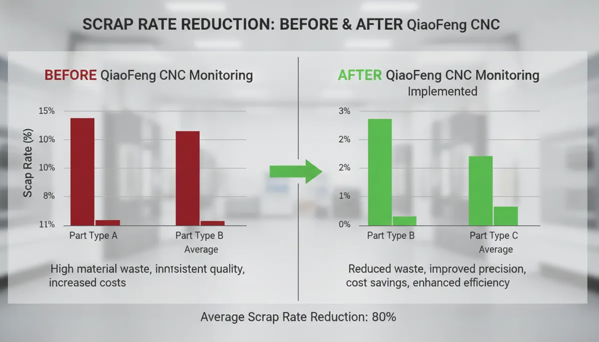 CNC in-process monitoring ROI analysis chart showing scrap rate reduction through predictive maintenance