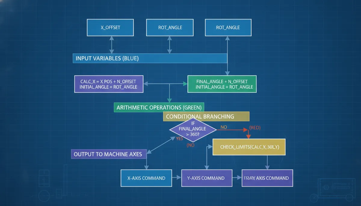 CNC macro programming parametric flow diagram with variables and loops