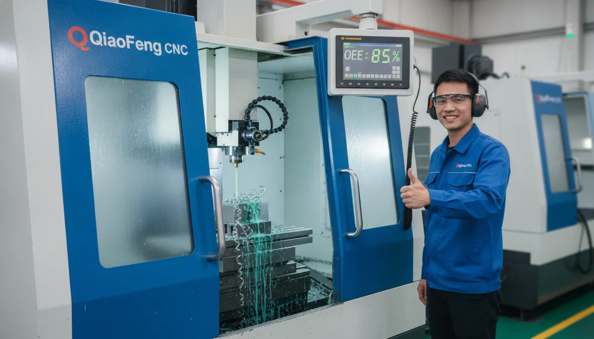QiaoFeng CNC machine operator with CNC OEE explained display showing 85%