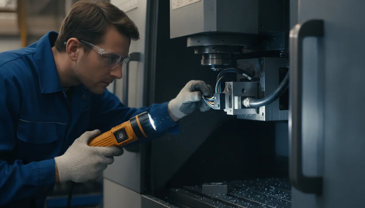 Technician inspecting CNC limit switch to diagnose overtravel alarm