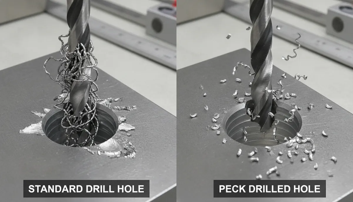 Comparison of standard drilling vs CNC peck drilling cycle hole quality results