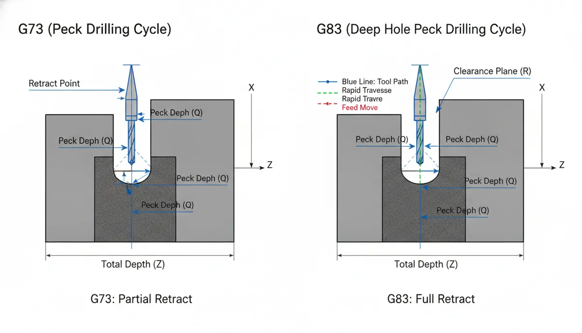 G73 high speed peck vs G83 deep hole peck cycle tool path diagram comparison