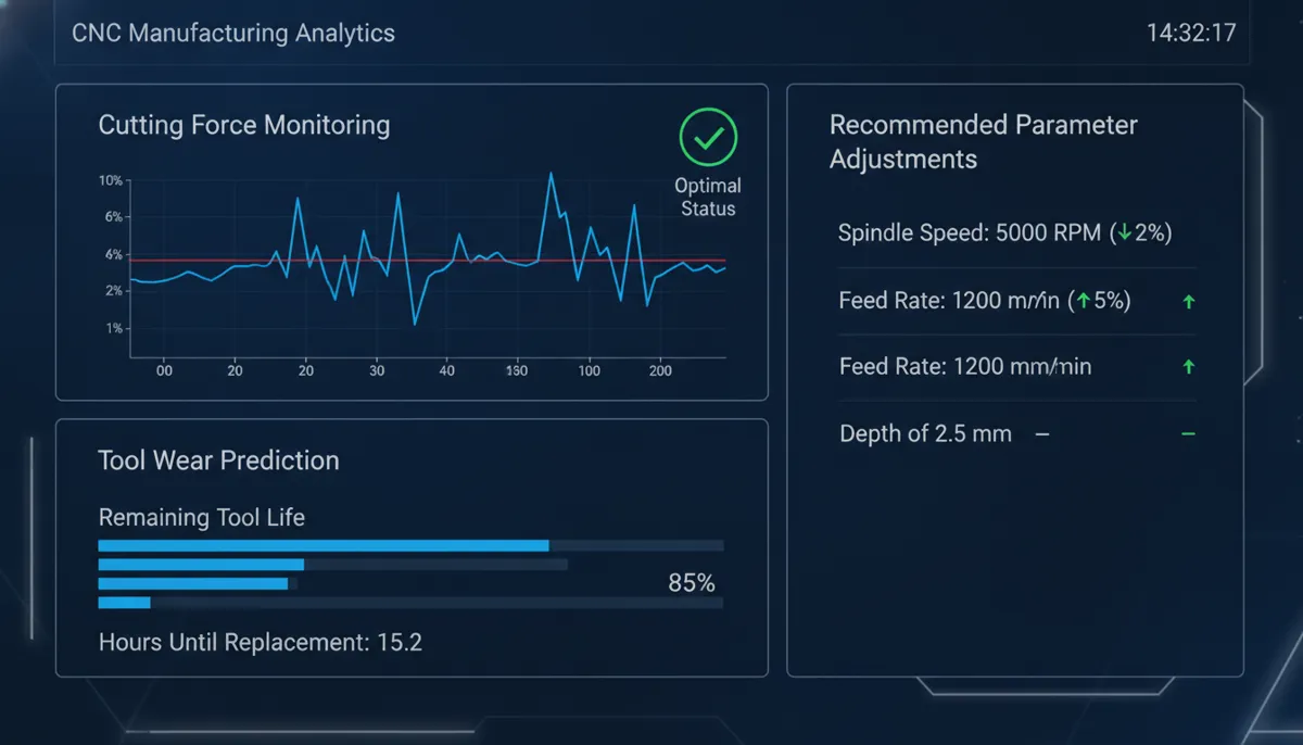 CNC physics ML dashboard showing real-time optimization parameters and tool wear prediction