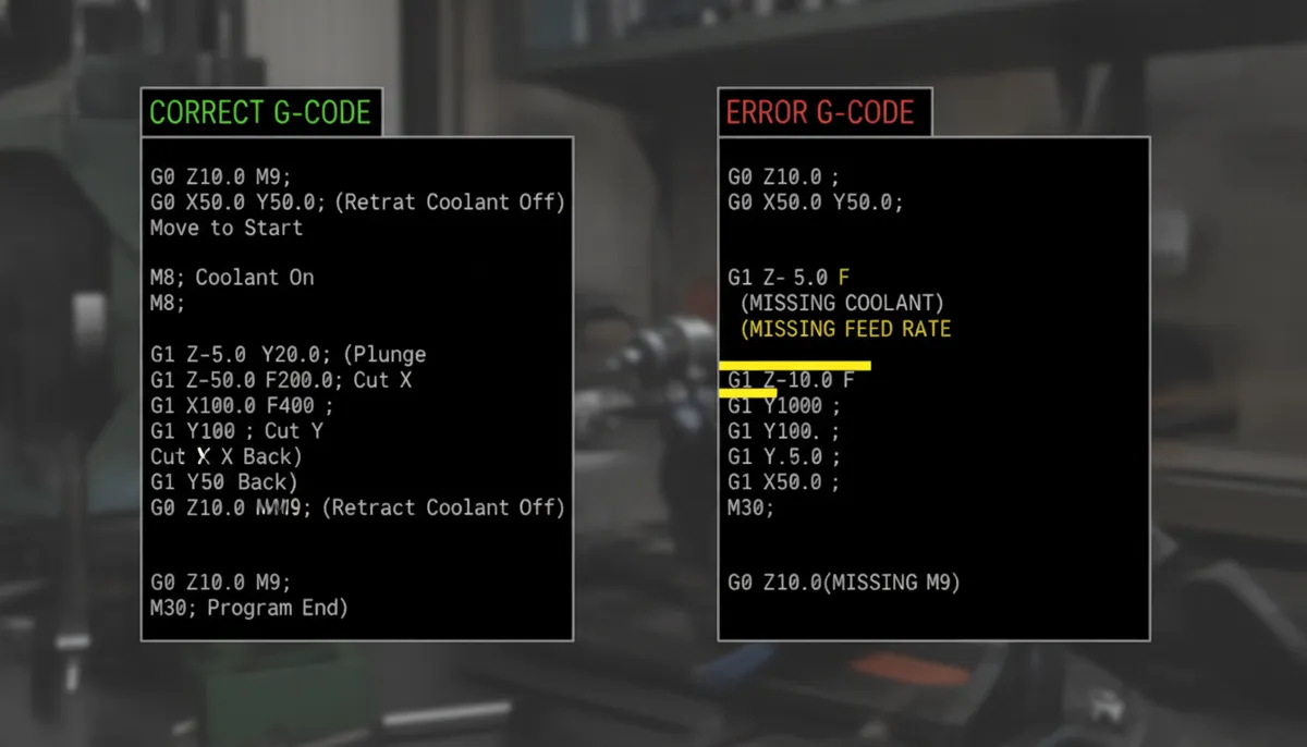CNC post processor comparison showing correct vs incorrect G-code output