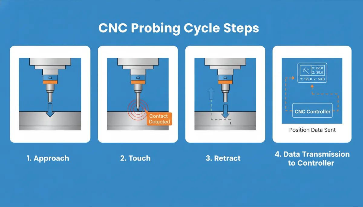 CNC probing cycle diagram showing touch probe sequence