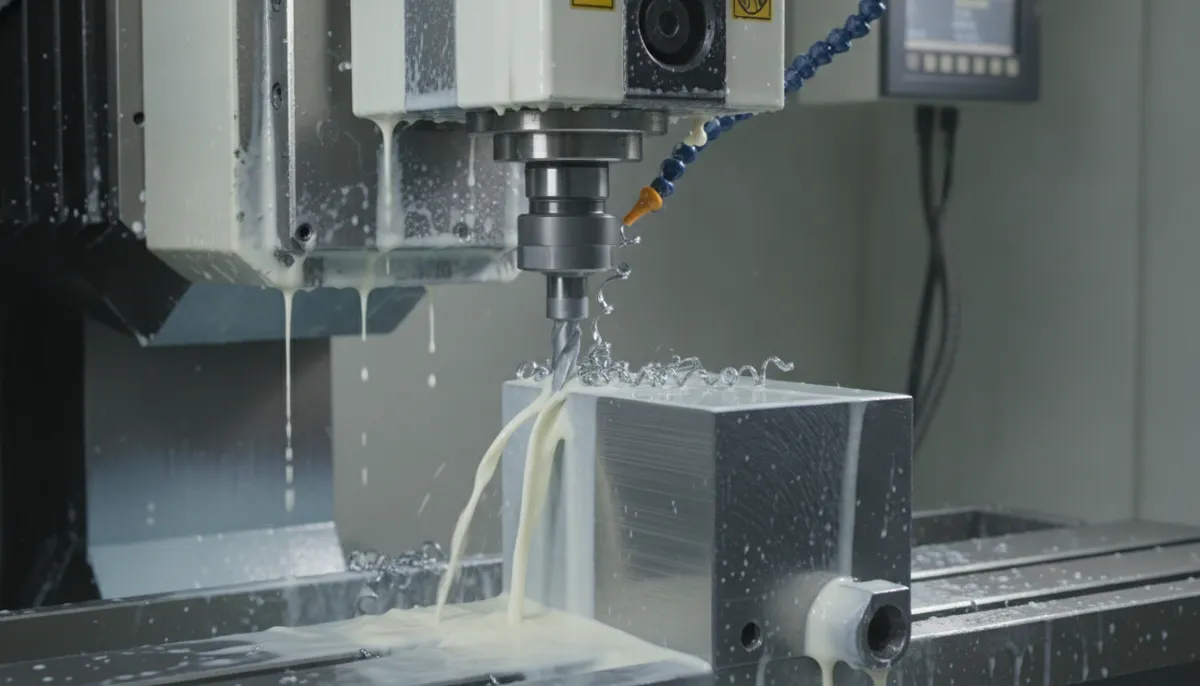 CNC vertical milling machine cutting steel with coolant — precision metal machining for small factory