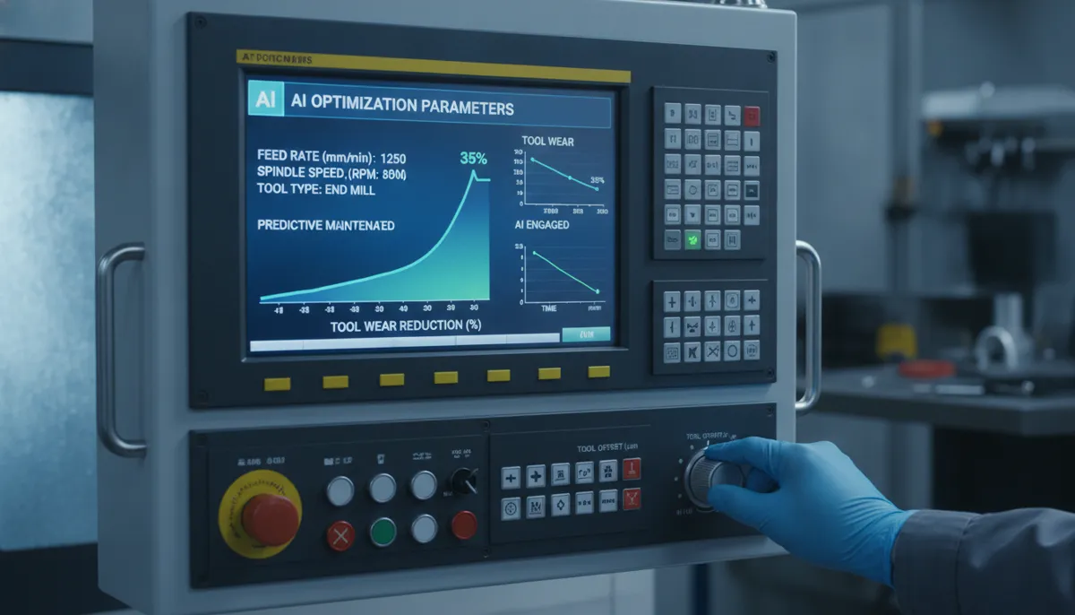 CNC self-optimizing machine AI control panel showing real-time adaptive parameter adjustment