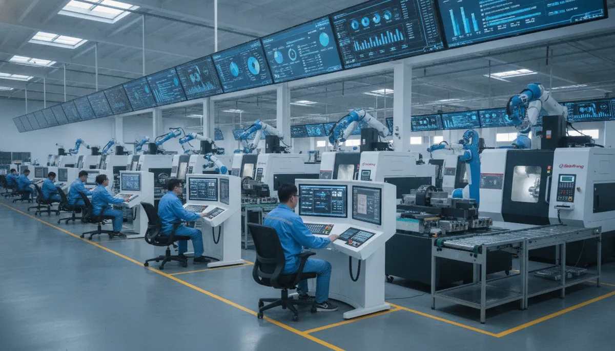 CNC self-optimizing machines in production environment showing operator ergonomic workflow