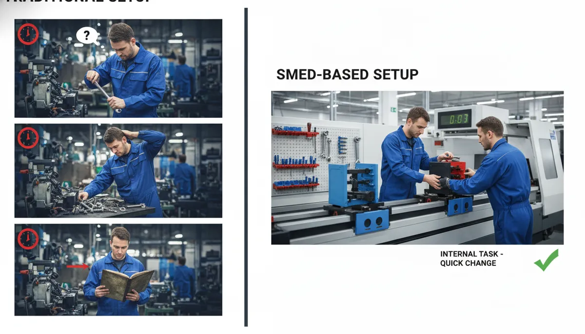 CNC setup time SMED comparison traditional vs optimized changeover process