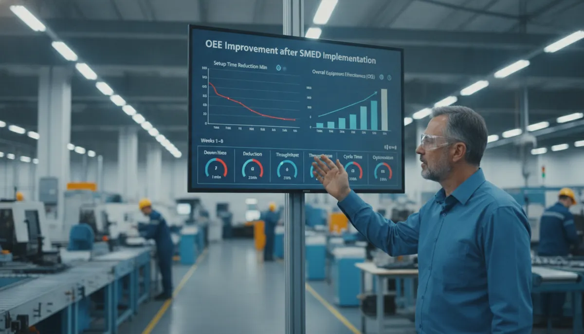 CNC setup time OEE improvement dashboard showing changeover reduction results