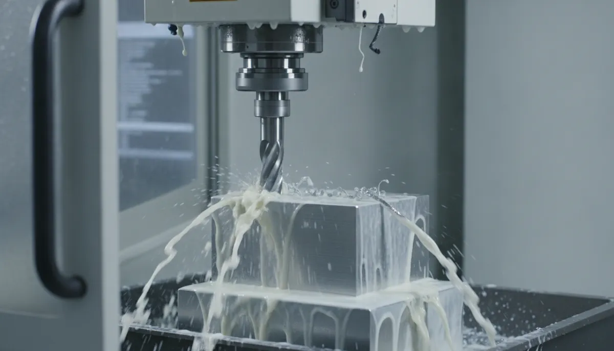 CNC spindle cutting aluminium with coolant flow showing precision machining in production