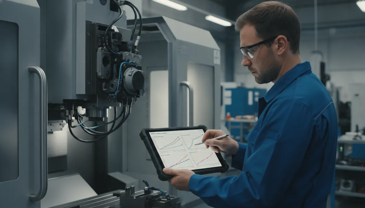 Engineer reviewing CNC spindle growth test report on a tablet