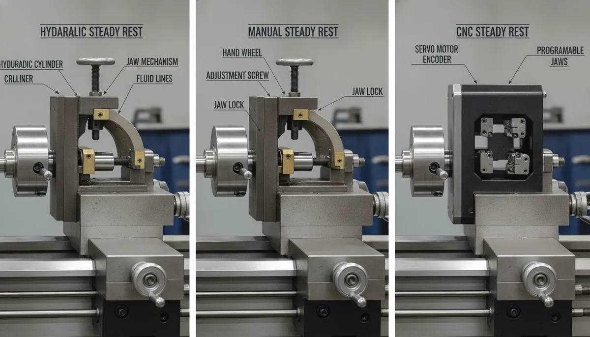Technician performing steady rest troubleshooting on a CNC lathe