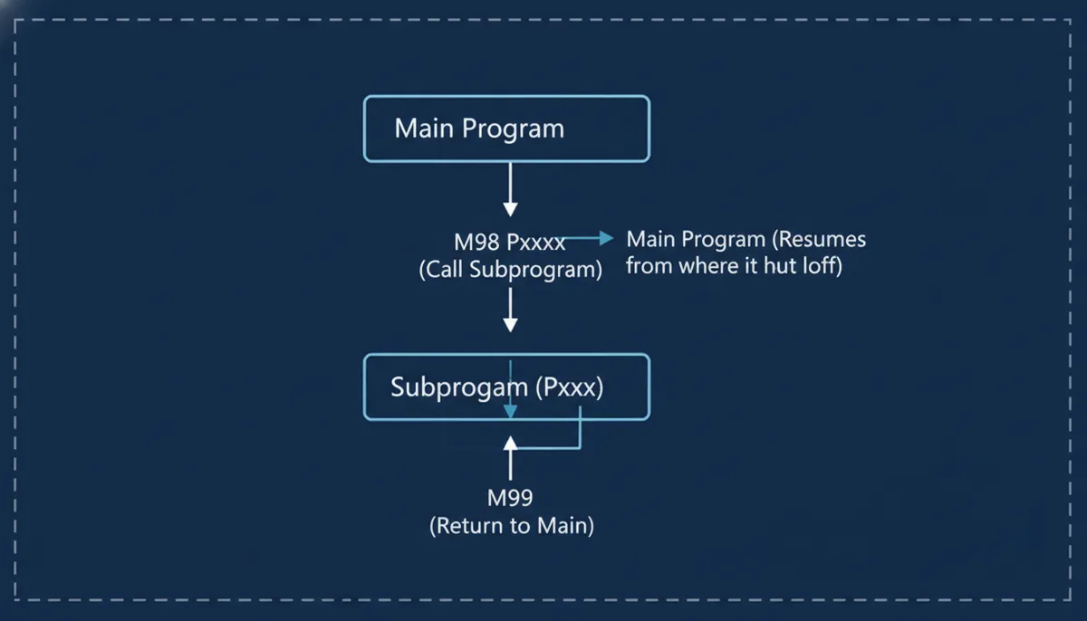 CNC subprogram flow diagram M98 M99 call and return