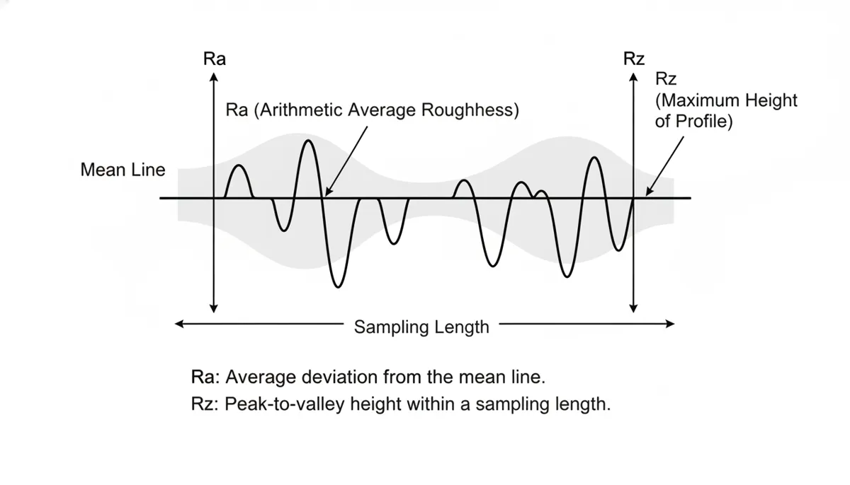 QiaoFeng CNC surface finish Ra vs Rz parameter diagram showing peak-to-valley measurement