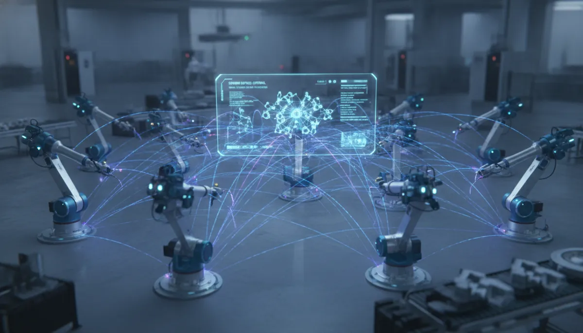 CNC swarm robotics mesh network communication diagram for flexible manufacturing