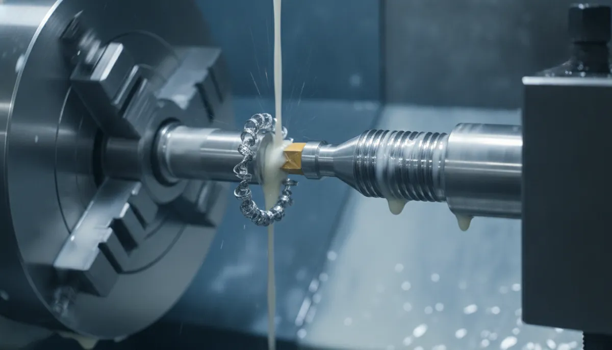 CNC thread cutting process on lathe with coolant showing threading cycle in action