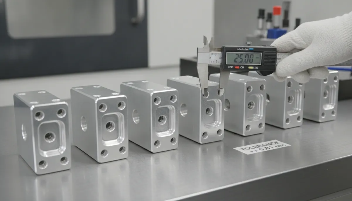 CNC parts with consistent tolerance showing precision machined components batch inspection